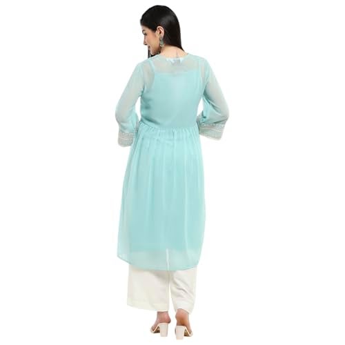 Biba Women's Polyester Embroidered Regular Kurta (SHRSMR21310SS25AQUA_Aqua - Image 4