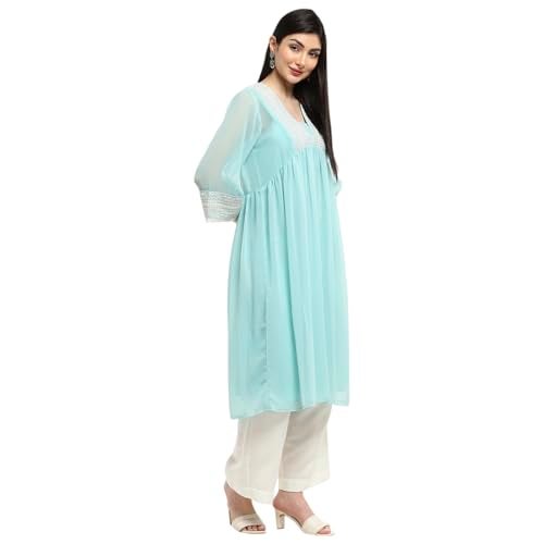 Biba Women's Polyester Embroidered Regular Kurta (SHRSMR21310SS25AQUA_Aqua - Image 3