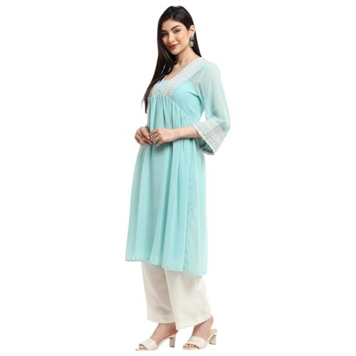 Biba Women's Polyester Embroidered Regular Kurta (SHRSMR21310SS25AQUA_Aqua - Image 2