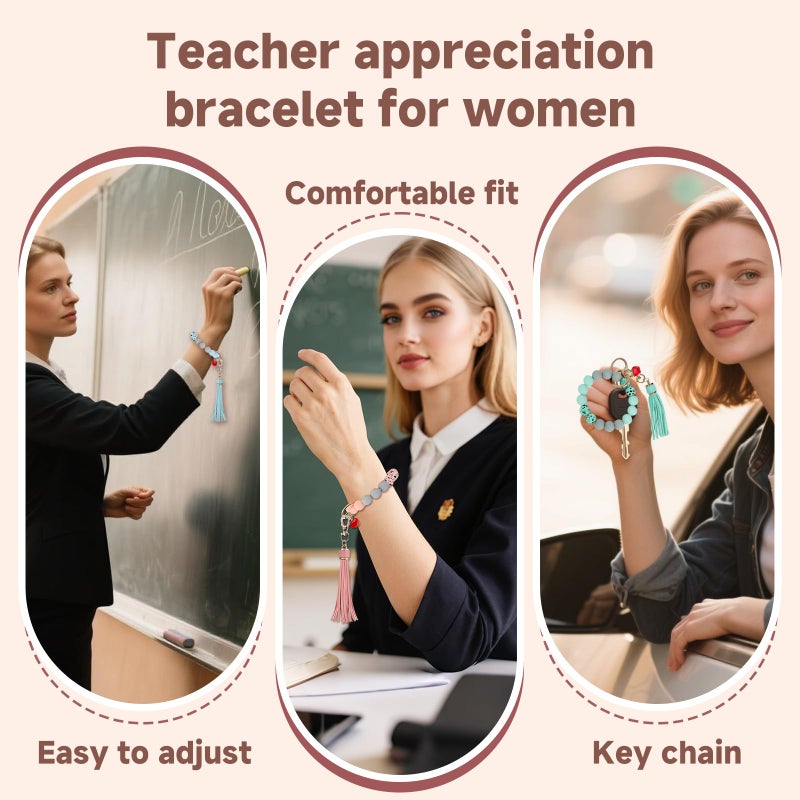 LYART 2Set Teacher Appreciation Bracelets Keychains Gifts in Bulk for Women, with Thank You Message Cards from Student, Silicone Teacher Bracelet Jewelry for Women (1.Pink+Blue) - Image 3