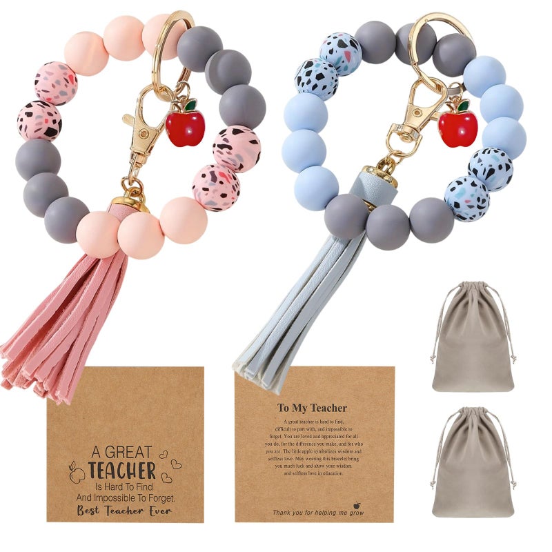 LYART 2Set Teacher Appreciation Bracelets Keychains Gifts in Bulk for Women, with Thank You Message Cards from Student, Silicone Teacher Bracelet Jewelry for Women (1.Pink+Blue) - Image 1