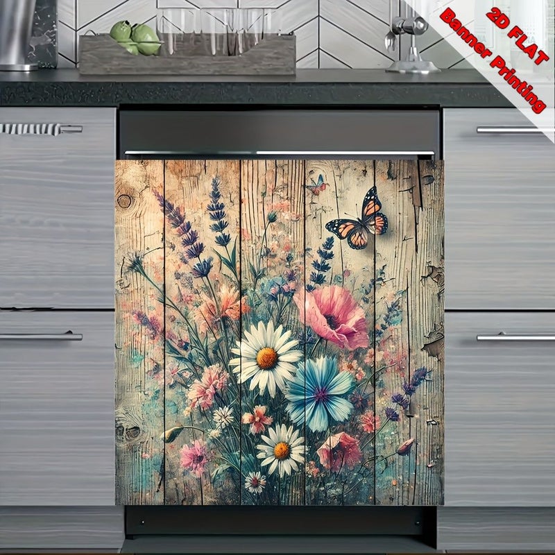 2D مسطح 25.59 × 23.03 بوصة غطاء مغناطيسي لباب غسالة الأطباق بتصميم ريفي للفراشات والزهور، فينيل قابل لإعادة الاستخدام ومقاوم للخدوش، سهل التنظيف، ظهر مغناطيسي قابل للقص، ديكور مطبخ ممتع مناسب للأجهزة والثلاجات - Image 3