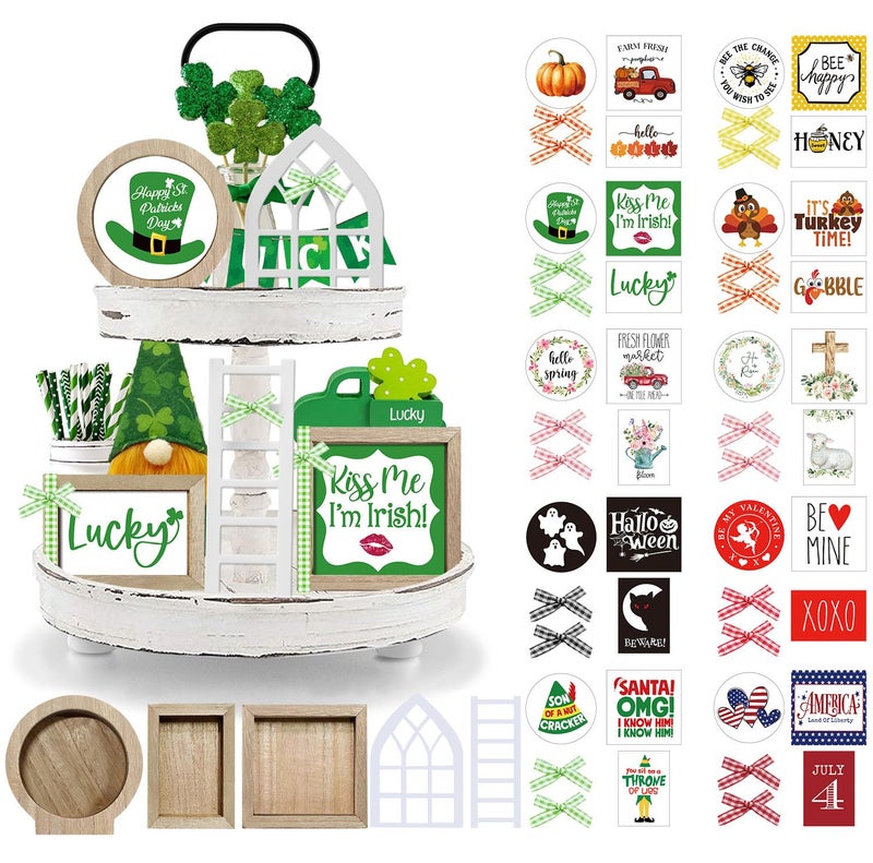 Nuvagiki St. Patrick's Day Tiered Tray Decor, St. Patrick's Day Decorations for Home, Interchangeable Year Round Seasonal Decorations Wooden Frames + Mini Arch + Ladder Set, No Tray, Valentines Gift - Image 1