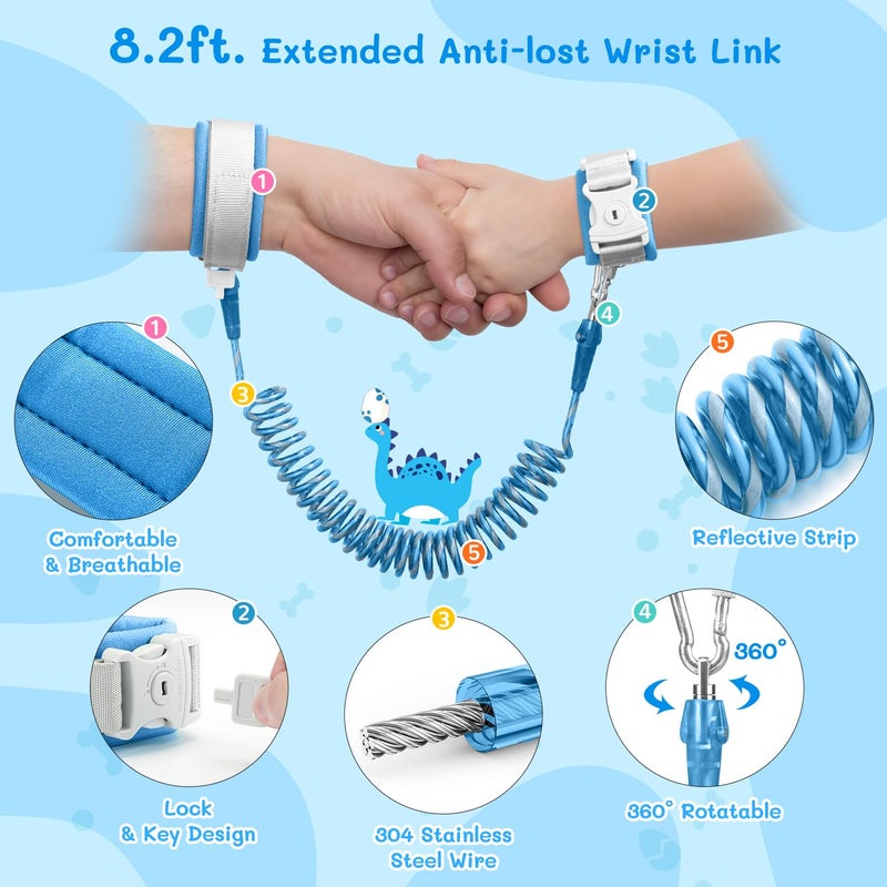 Dr.Meter 3 in 1 Toddler Harness Leash + 8.2ft Anti Lost Wrist Link, Cute Dinosaur Kids Safety Harness with Key Lock, Child Walking Harness Assistant Strap for Outdoor Activity Travel - Image 5