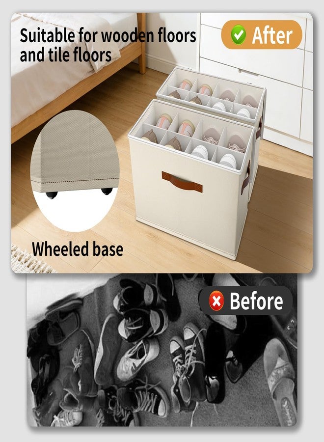 EE-RoomWorld 2 Pack Shoe storage Organizer for closet with wheels,No Assemble Required Shoe boxes with premium waterproof material，Adjustable Dividers Fits 16 Pairs,shoe Storage Bins with Reinforced Handle - Image 2