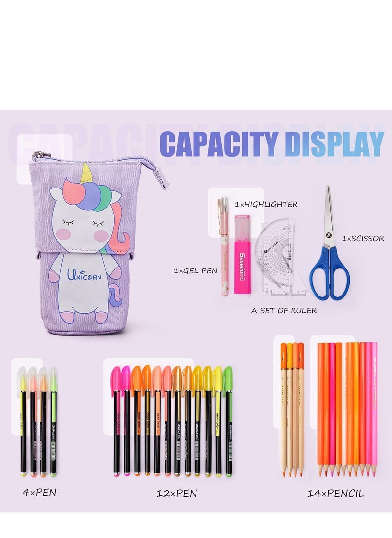 Y&D Cute Cartoon Stand up Pencil & Pen Case Box Pouch, Portable Art School Office Cosmetic Bag, Large Lightweight Canvas Holder for Kids Students Adults Girls Boys Gifts, Purple  - Image 2