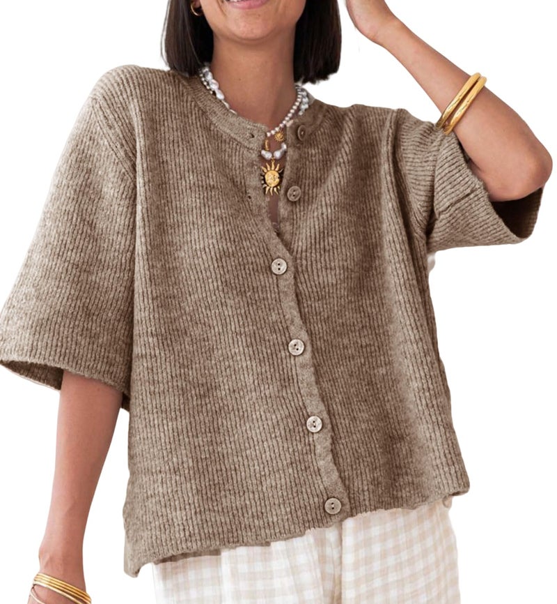 KMBANGI Women Knitted Cropped Blouse Short Sleeve Button Down Knit Shirt Crop Cardigan Y2k Open Front Pullover Tops(Dressy Dark Khaki,M) - Image 1