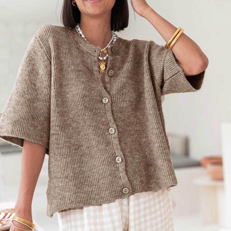 KMBANGI Women Knitted Cropped Blouse Short Sleeve Button Down Knit Shirt Crop Cardigan Y2k Open Front Pullover Tops(Dressy Dark Khaki,M) - Image 3
