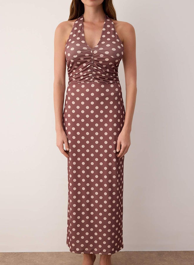 trendyol Brown Polka Dot Maxi Knitted Dress - Image 3