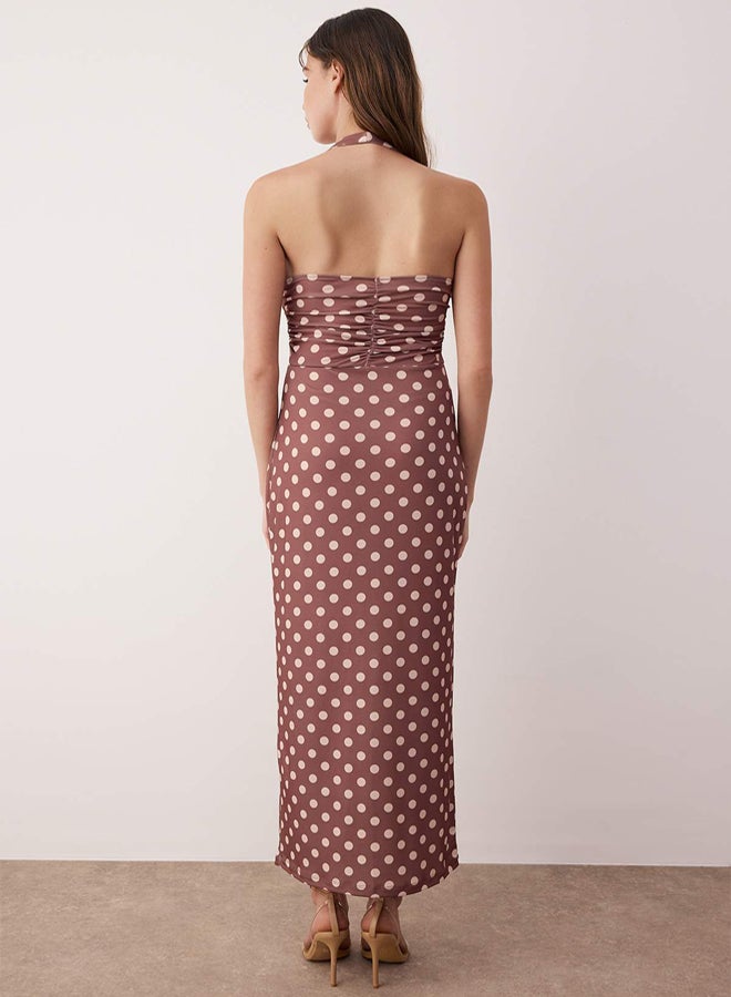 trendyol Brown Polka Dot Maxi Knitted Dress - Image 4