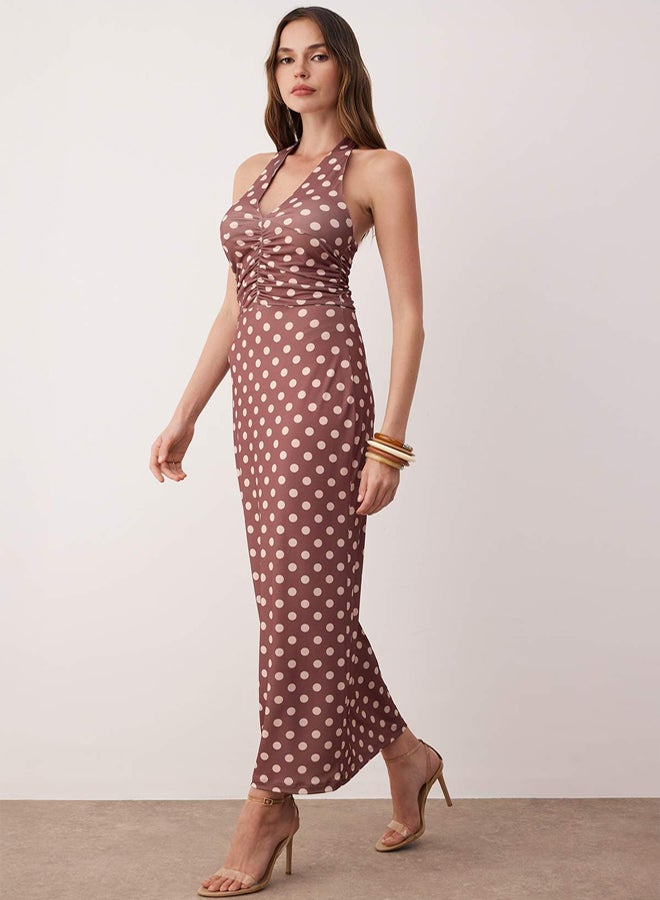 trendyol Brown Polka Dot Maxi Knitted Dress - Image 1