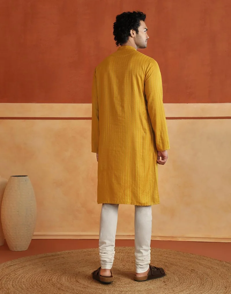 Fabindia  Yellow Viscose Blend Dobby Slim Fit Long Kurta for Men | Best Price UAE