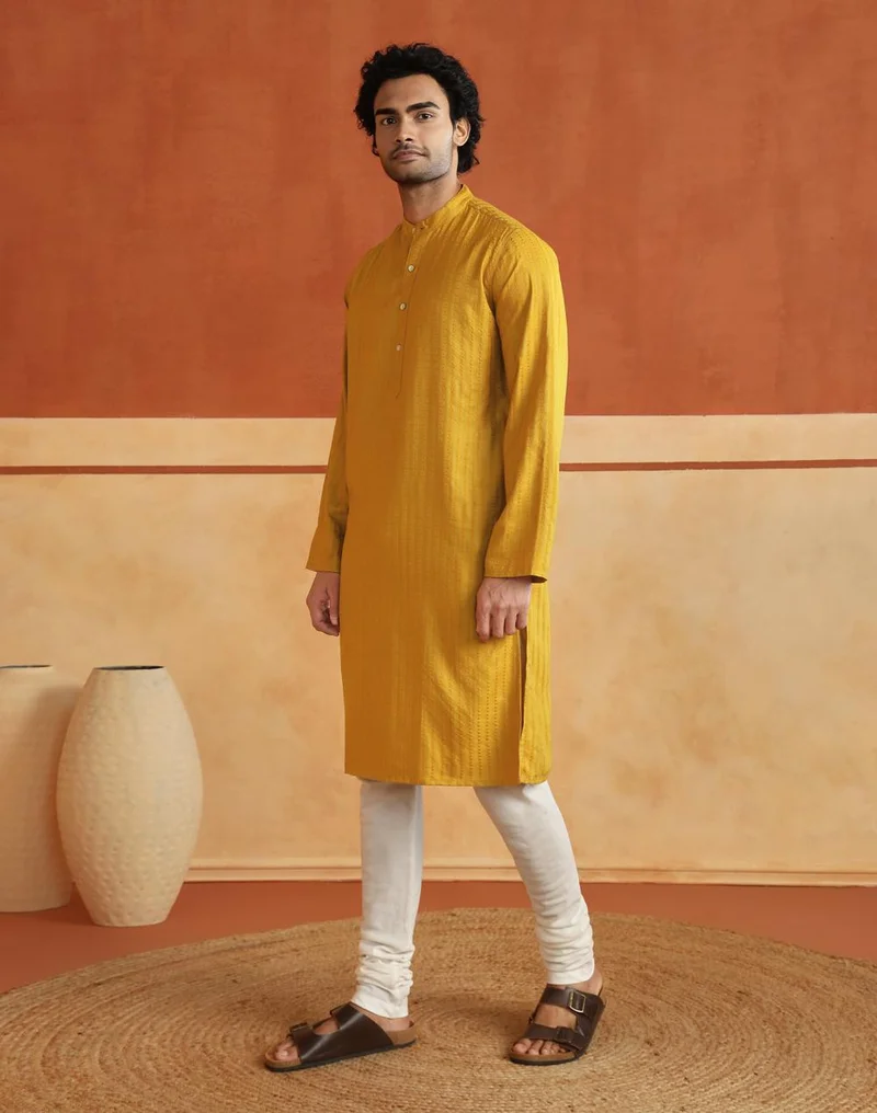Fabindia  Yellow Viscose Blend Dobby Slim Fit Long Kurta for Men | Best Price UAE
