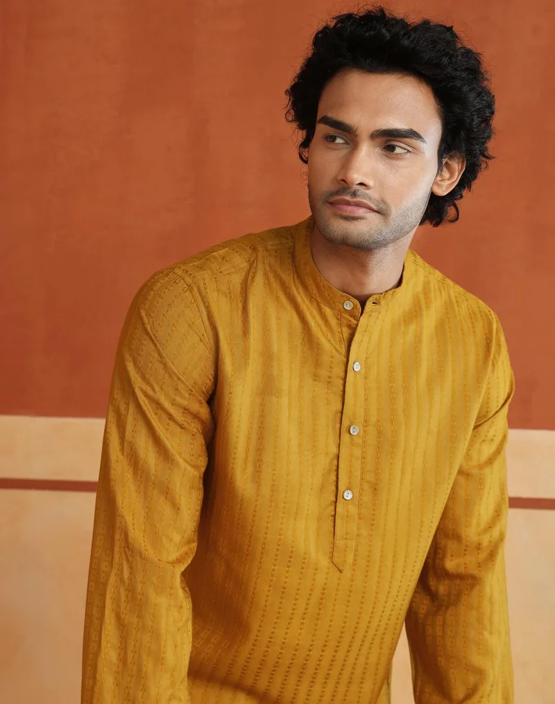 Fabindia  Yellow Viscose Blend Dobby Slim Fit Long Kurta for Men | Best Price UAE