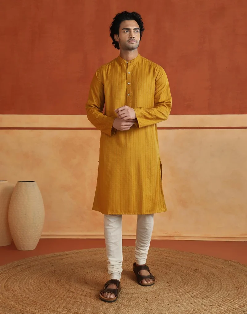 فاب انديا Yellow Viscose Blend Dobby Slim Fit Long Kurta