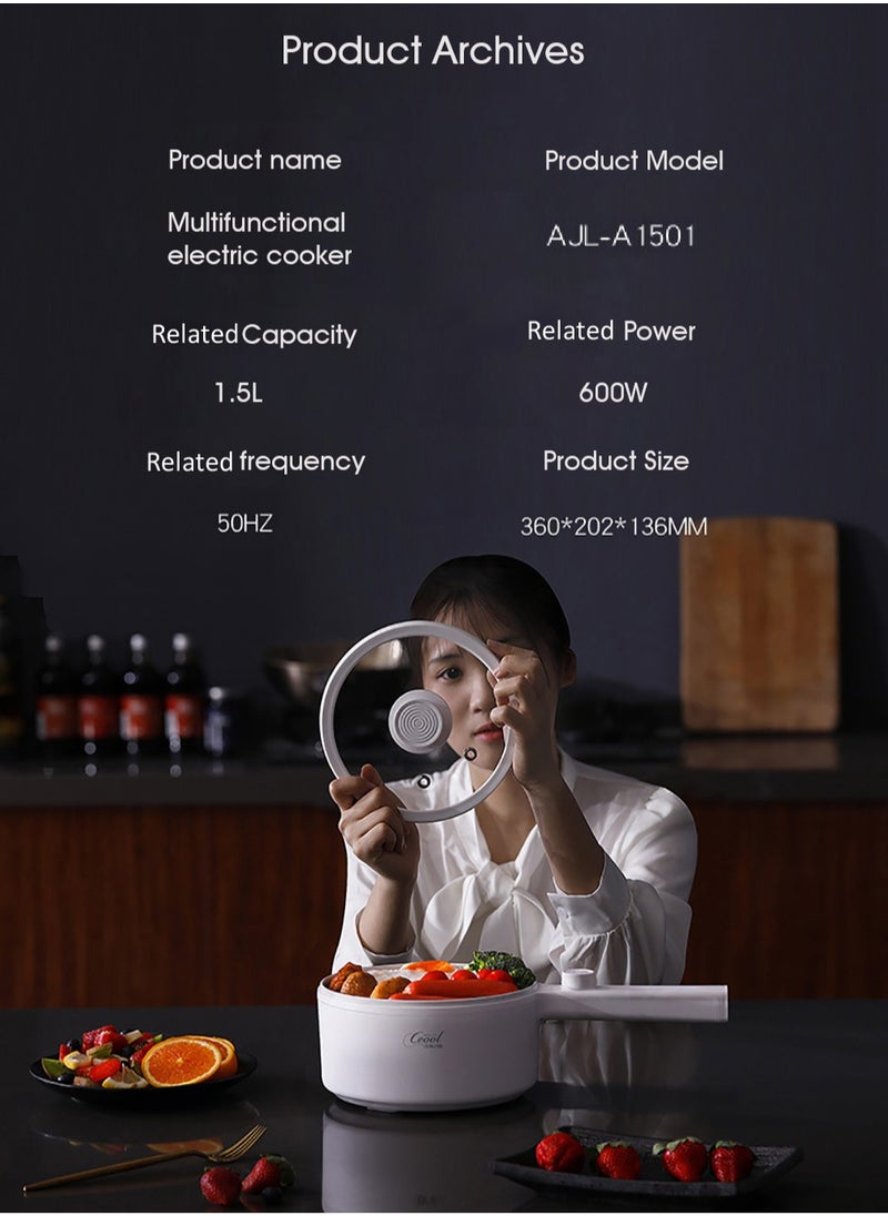 1.5L Electric Hot Pot Multi-functional Electric Cooker 600W Non-Stick Rapid Noodles Cooker Steak Egg Fried Rice Ramen Soup with 2 Modes Temperature Control (UK Plug Type)