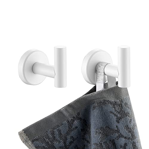 JQK Bathroom Towel Hook White Coat Robe Clothes Hook for Bathroom Kitchen Garage Wall Mounted 2 Pack 304 Stainless Steel 08mm Thicken TH100WHP2