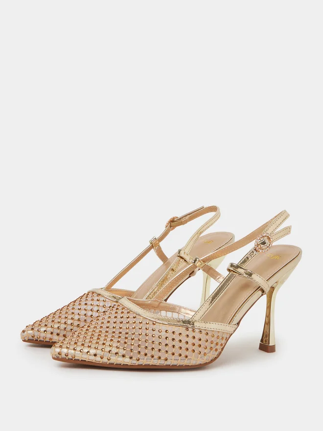 Styli Styli Gold Embellished Slingback Pumps