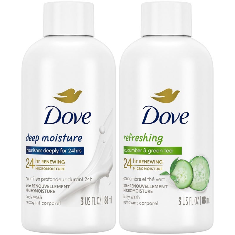 Dove Body Wash Travel Essentials Variety 2-Pack â€“ Refreshing Cucumber & Green Tea + Deep Moisture Nourishing Body Washes, 3 Oz Ea - Image 1