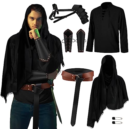 Leumoi 5 Pcs Men's Renaissance Faire Costume Set Halloween Medieval Costume Pirate Shirt Viking Belt Shawl Accessories(XX-Large,Black) - Image 1