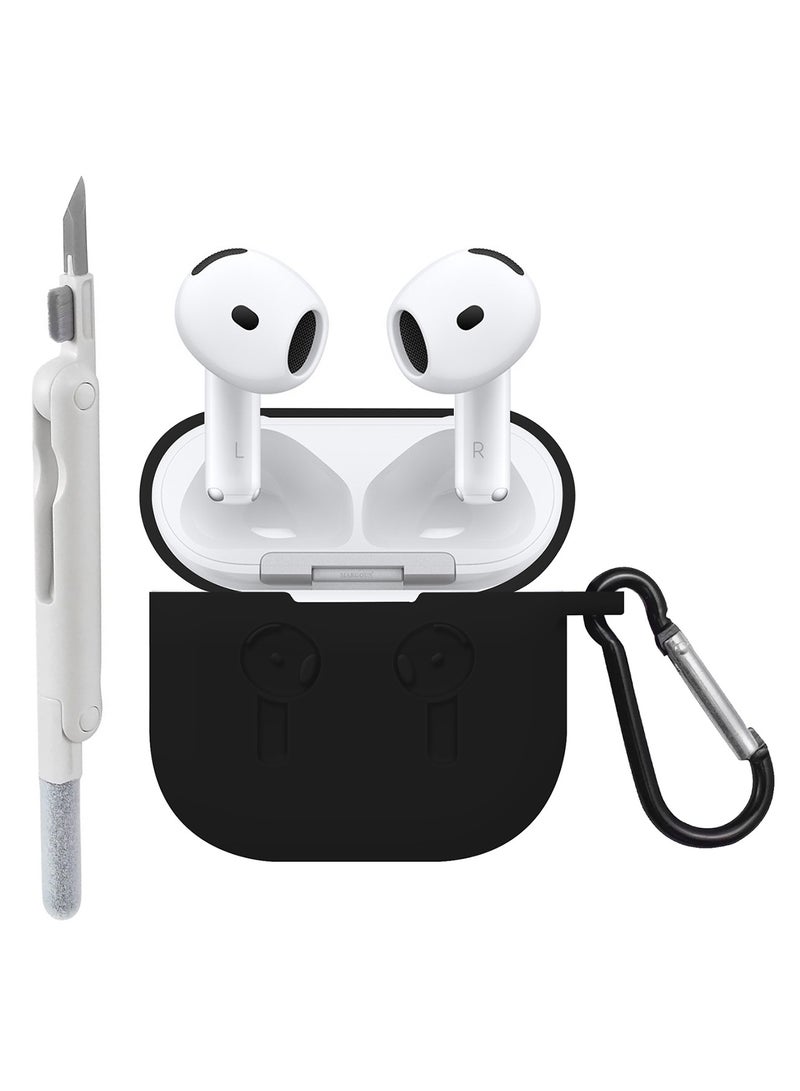 CATANES ( for Apple Airpods 4 2024 ) Case with Cleaner Kit Shockproof Protective Soft Silicone Case Cover with Carabiner Keychain - Black Case White Cleaner - Image 1