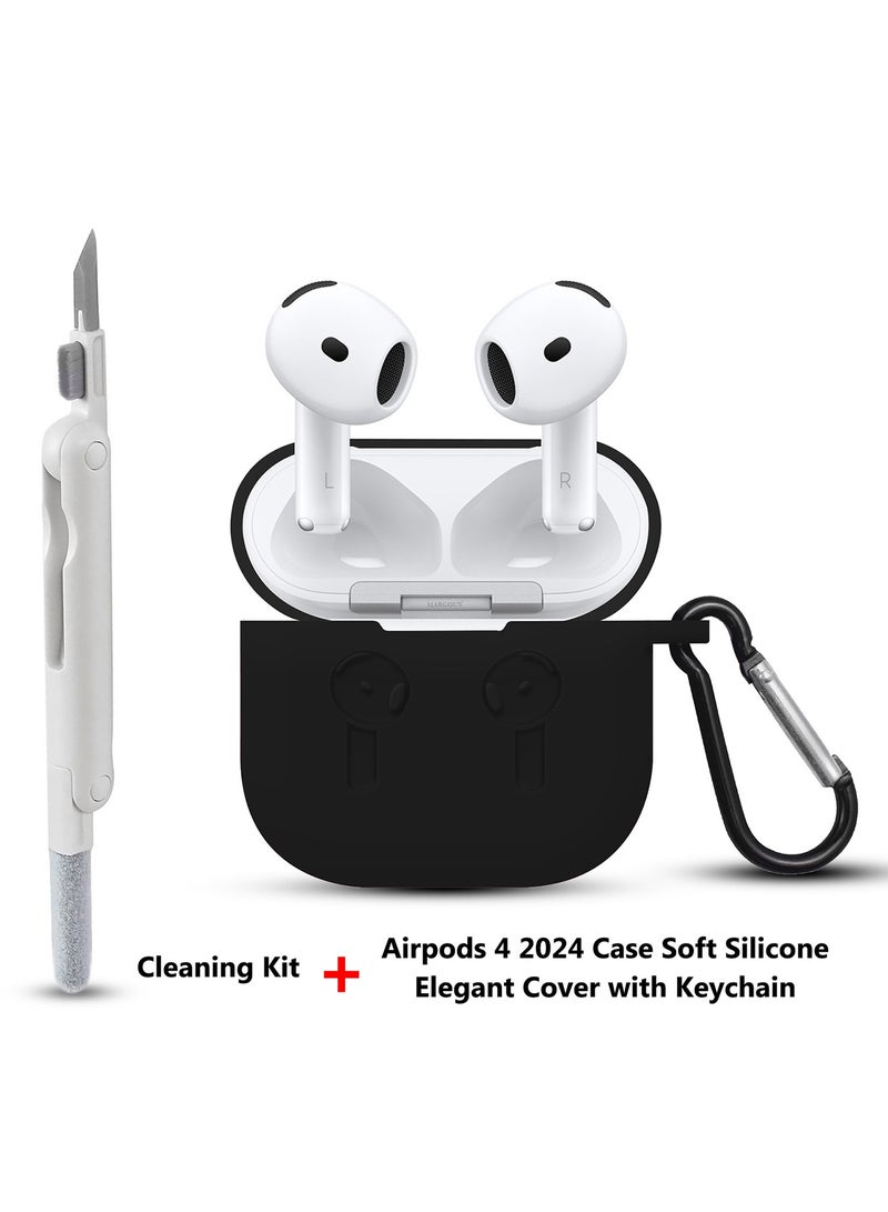 CATANES ( for Apple Airpods 4 2024 ) Case with Cleaner Kit Shockproof Protective Soft Silicone Case Cover with Carabiner Keychain - Black Case White Cleaner - Image 2