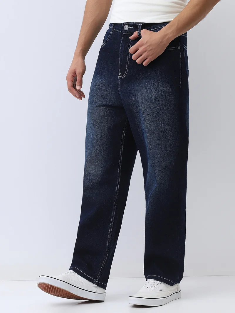 أوربانو فاشن Urbano Fashion Men's Dark Blue Loose Baggy Fit Washed Jeans Non-Stretchable