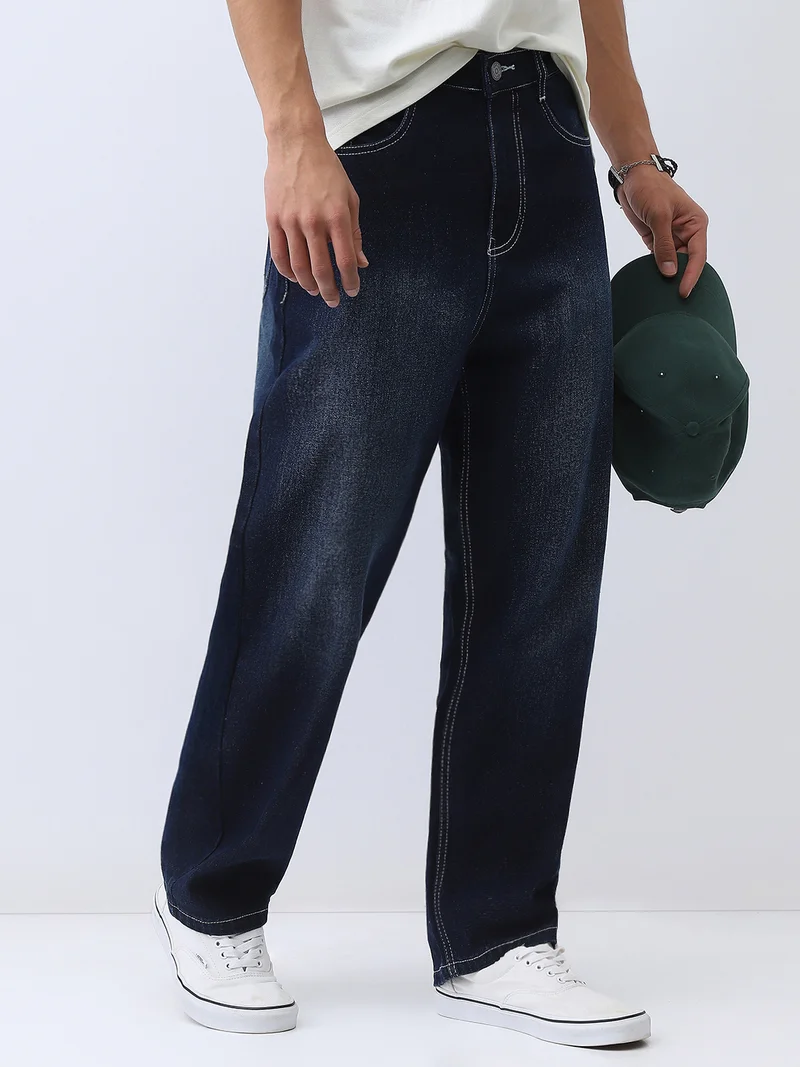 أوربانو فاشن Urbano Fashion Men's Dark Blue Loose Baggy Fit Washed Jeans Non-Stretchable