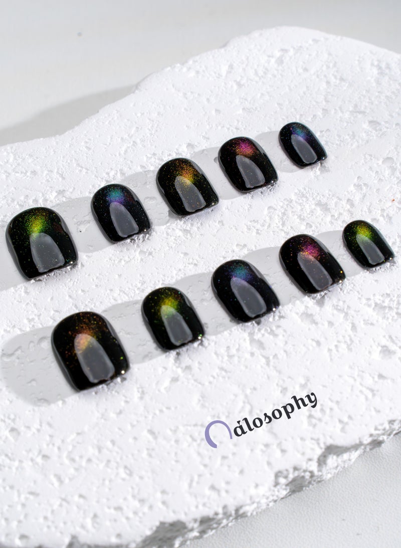 Nailosophy 10 Pcs Handmade Gel Press On Nails Short Oval Black Aurora Cat Eye Reusable False Nails Nail Kit for Women Party Wedding Eid Special Occasions - Image 4