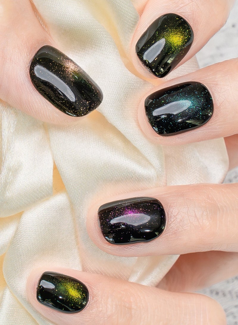 Nailosophy 10 Pcs Handmade Gel Press On Nails Short Oval Black Aurora Cat Eye Reusable False Nails Nail Kit for Women Party Wedding Eid Special Occasions - Image 1