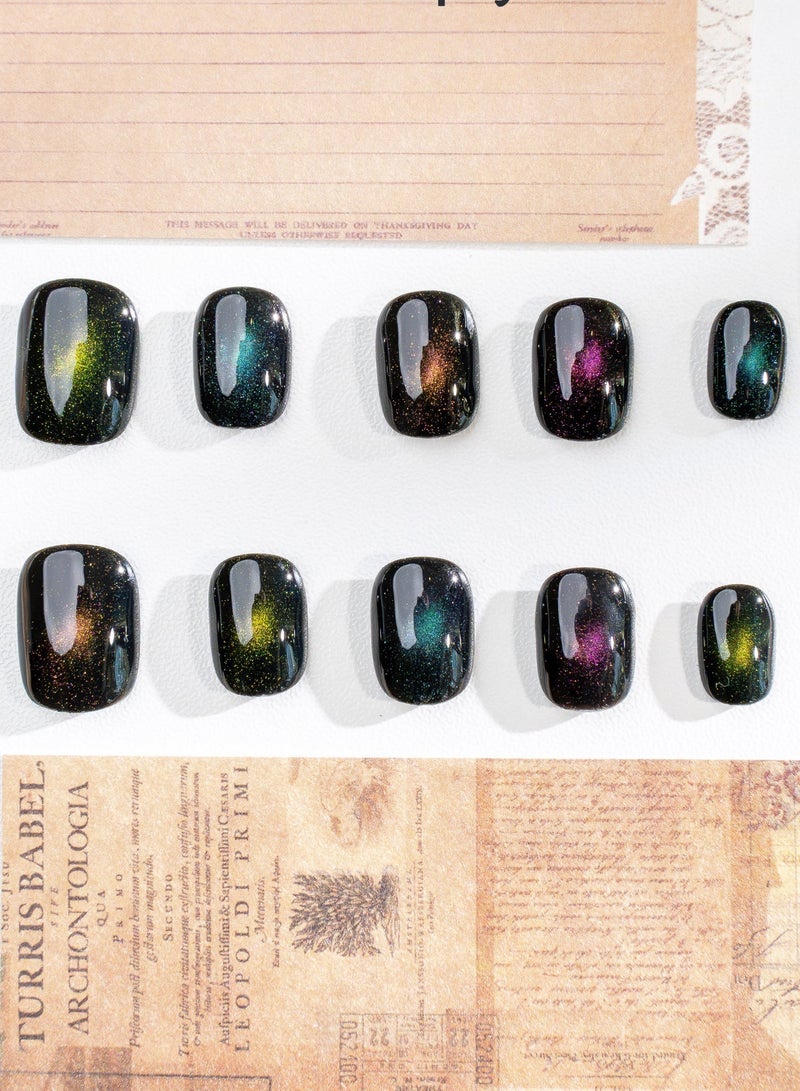 Nailosophy 10 Pcs Handmade Gel Press On Nails Short Oval Black Aurora Cat Eye Reusable False Nails Nail Kit for Women Party Wedding Eid Special Occasions - Image 2