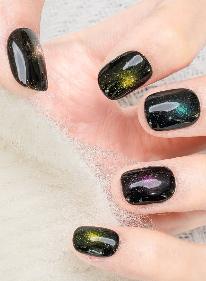Nailosophy 10 Pcs Handmade Gel Press On Nails Short Oval Black Aurora Cat Eye Reusable False Nails Nail Kit for Women Party Wedding Eid Special Occasions - Image 3
