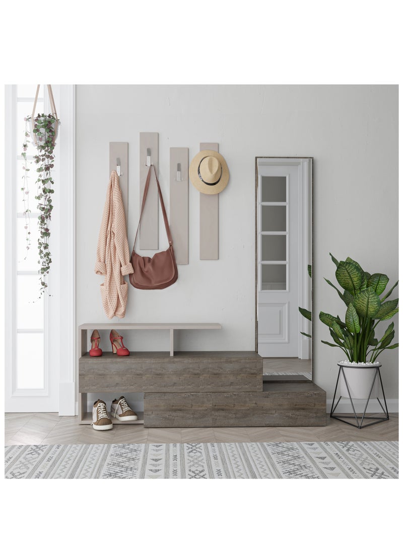 Mourah Home Ramda Shoe Cabinet with Mirror - Wall Mounted Coat Hanger Panels - Full Length Mirror - 8 Pairs - Organizer for Jackets, Bags, Hats - 35x154x137 CM - Dark Brown/Light Mocha