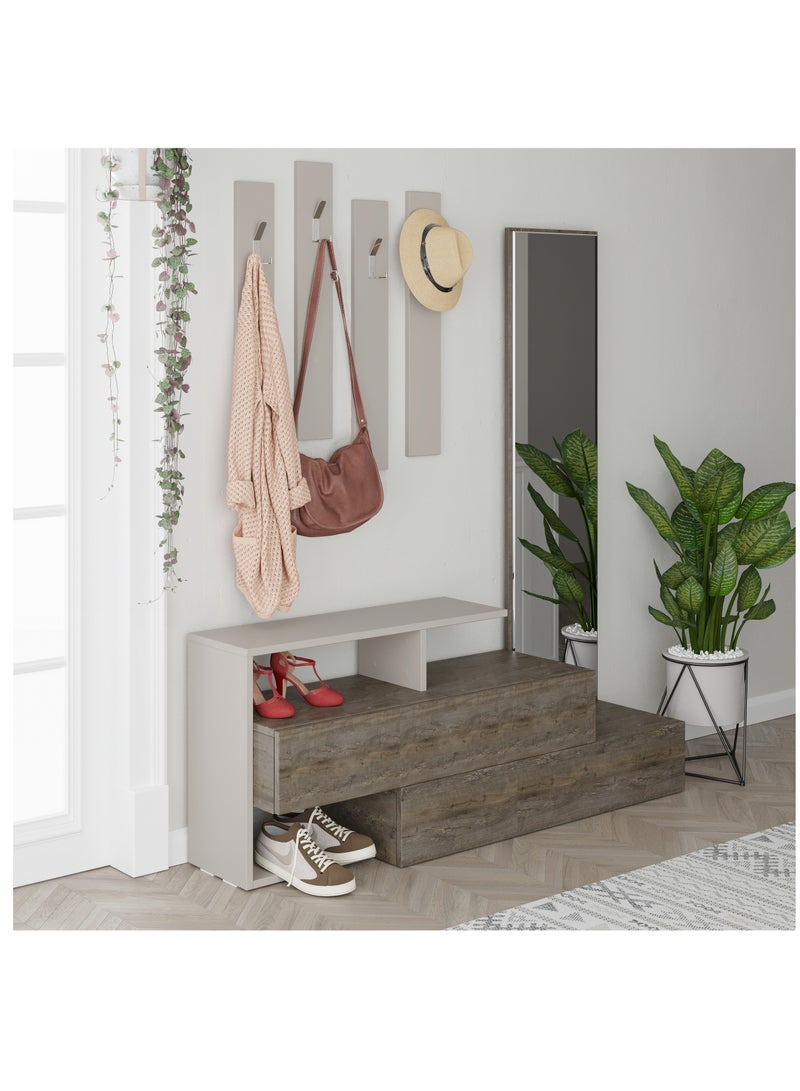 Mourah Home Ramda Shoe Cabinet with Mirror - Wall Mounted Coat Hanger Panels - Full Length Mirror - 8 Pairs - Organizer for Jackets, Bags, Hats - 35x154x137 CM - Dark Brown/Light Mocha