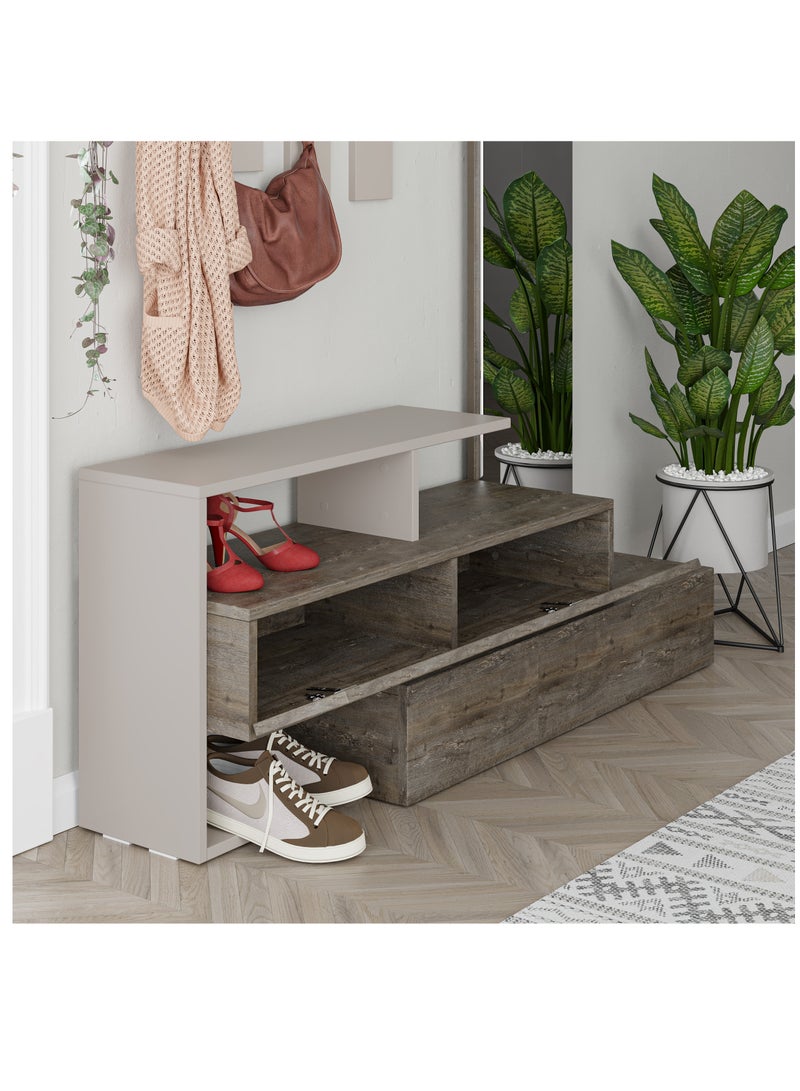 Mourah Home Ramda Shoe Cabinet with Mirror - Wall Mounted Coat Hanger Panels - Full Length Mirror - 8 Pairs - Organizer for Jackets, Bags, Hats - 35x154x137 CM - Dark Brown/Light Mocha