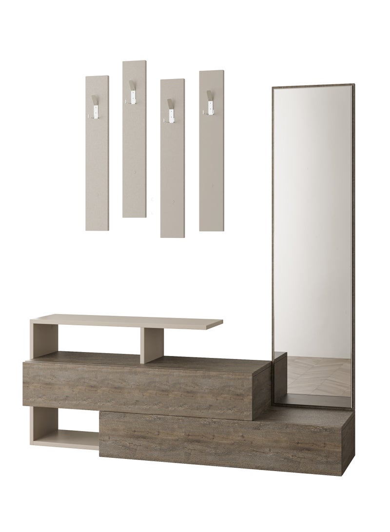 Mourah Home Ramda Shoe Cabinet with Mirror - Wall Mounted Coat Hanger Panels - Full Length Mirror - 8 Pairs - Organizer for Jackets, Bags, Hats - 35x154x137 CM - Dark Brown/Light Mocha