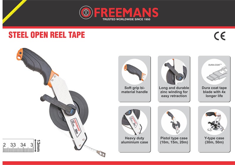 FREEMANS OW30 Steel Open Reel 30m:13mm Measuring Tape-30m/100ft With Soft Grip Bi-Material Handle | Durable Zinc Winding Arm | Pistol Type Case | Dura Coat Tape Blade and Heavy Duty Aluminium Case - Image 2