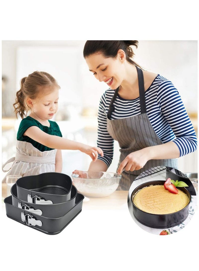 Cake Baking Moulds Microwave Oven Safe Femico Teflon Coated Carbon Steel Spring Form Heart, Round, and Square Shape Set Of 3 - Image 1