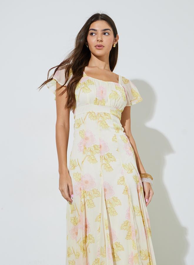 Styli Off White Floral Print Ruffled Sleeves A-Line Maxi Dress - Image 2