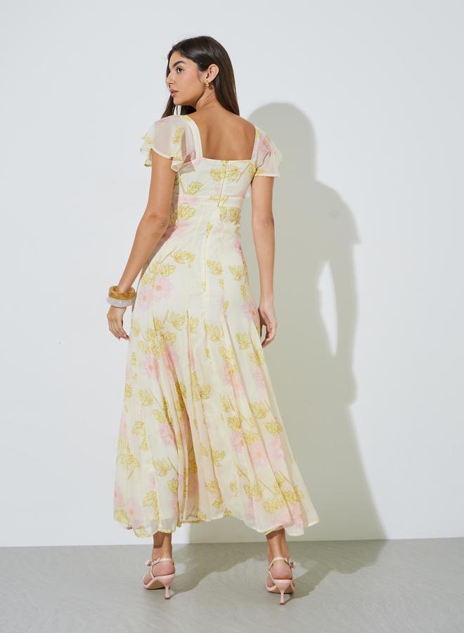 Styli Off White Floral Print Ruffled Sleeves A-Line Maxi Dress - Image 3