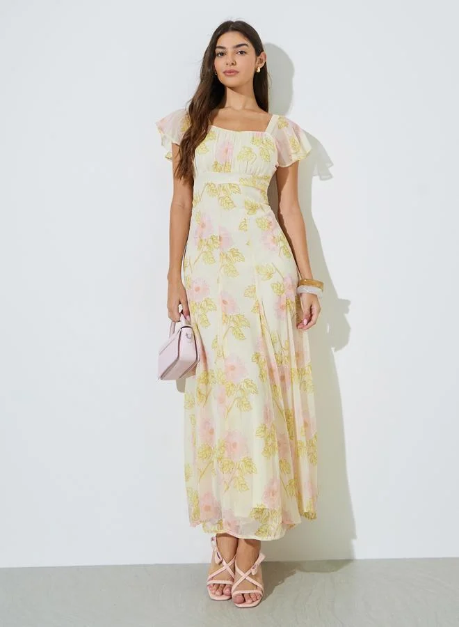 Off White Floral Print Ruffled Sleeves A-Line Maxi Dress