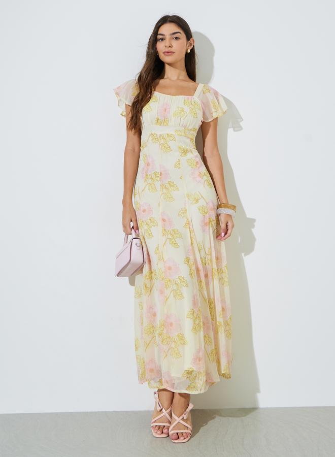 Styli Off White Floral Print Ruffled Sleeves A-Line Maxi Dress - Image 1