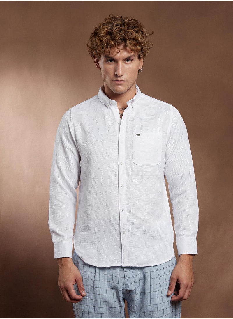 Campus Sutra Campus Sutra Men's Chalk White Open-Weave Regular Shirt For Casual Wear | Spread Collar | Long Cuffed Sleeves | Button Closure | Shirt Crafted With Comfort Fit For Everyday Wear  - Image 2
