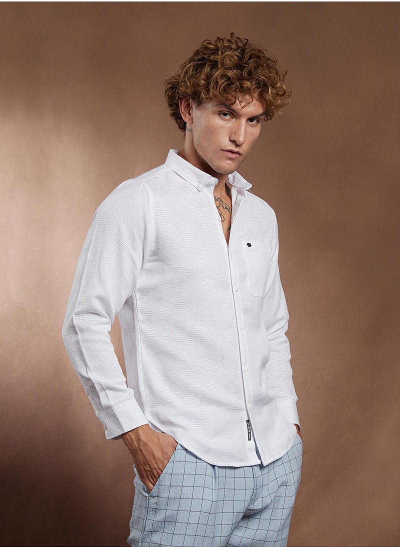 Campus Sutra Campus Sutra Men's Chalk White Open-Weave Regular Shirt For Casual Wear | Spread Collar | Long Cuffed Sleeves | Button Closure | Shirt Crafted With Comfort Fit For Everyday Wear  - Image 3