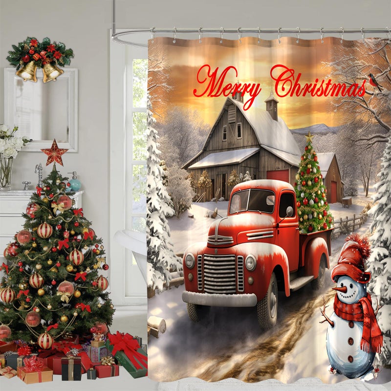 Yostev Red Truck Struck Christmas Sertains for Bathroom Decoration Tree Tree Startain Winter Vintage Rustic Farmhouse Startain Xmas Pine Fabric Cartain 72 × 72 بوصة - Image 1