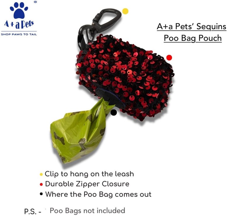 A+a Pets Sequins Dog Poo Bag Pouch | Portable Poop Bag Holder with Hook for Leash | Easy to Carry Waste Bag Holder (Sequins Red) - Image 2