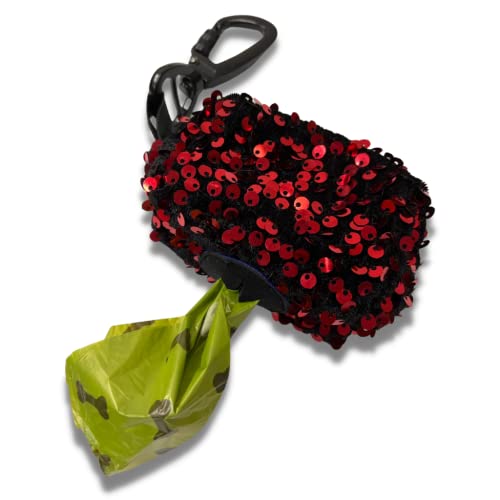 A+a Pets Sequins Dog Poo Bag Pouch | Portable Poop Bag Holder with Hook for Leash | Easy to Carry Waste Bag Holder (Sequins Red) - Image 1