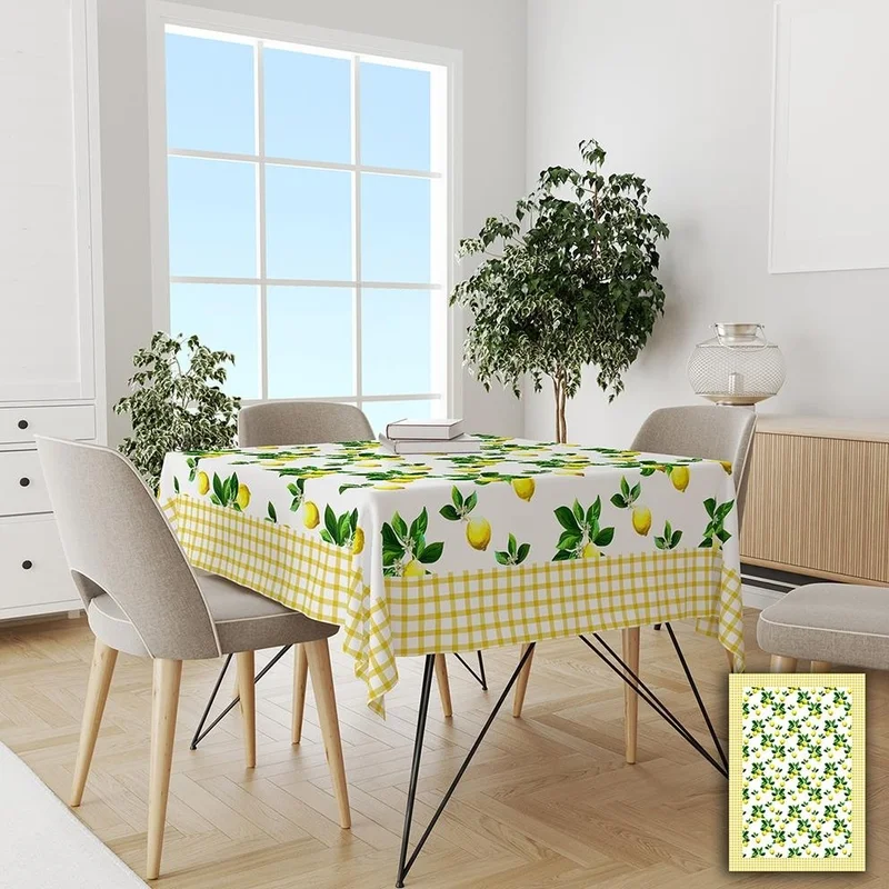 Yeni New Plaid Bordered Lemon Patterned Easy to Clean Stain-Repellent, Carefree Tablecloth