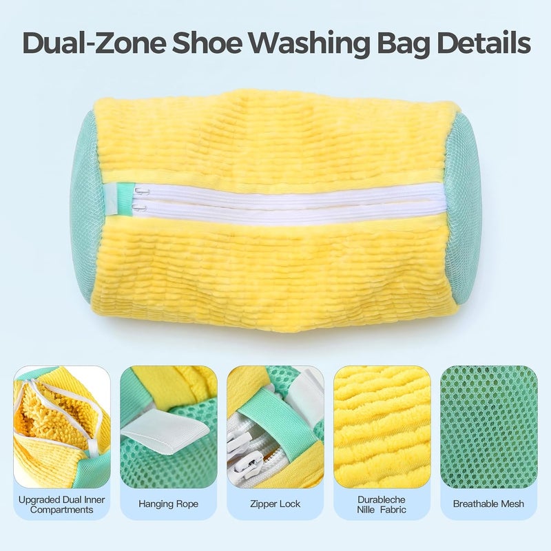 VEOOK Dual Shoe Washing Machine Bag Holds 2 Shoes,Reusable Laundry Shoe Bag for Washer and Dryer 360° Deep Cleaning,Shoe Cleaning Bags with Built-in Brushes for Sneaker Tennis Shoes Drying Bags (Yellow) - Image 3