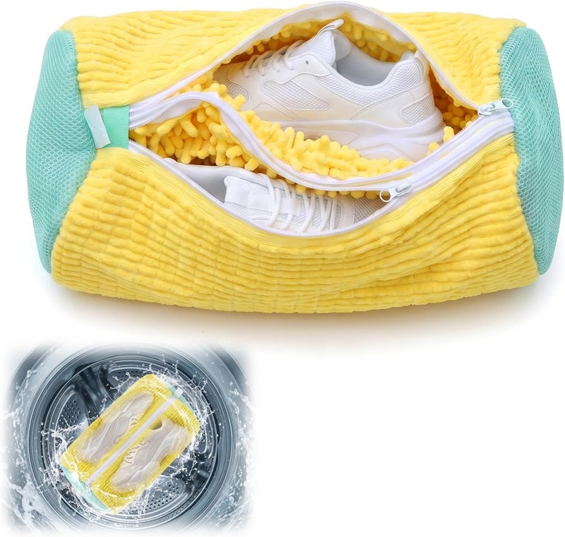 VEOOK Dual Shoe Washing Machine Bag Holds 2 Shoes,Reusable Laundry Shoe Bag for Washer and Dryer 360° Deep Cleaning,Shoe Cleaning Bags with Built-in Brushes for Sneaker Tennis Shoes Drying Bags (Yellow) - Image 1